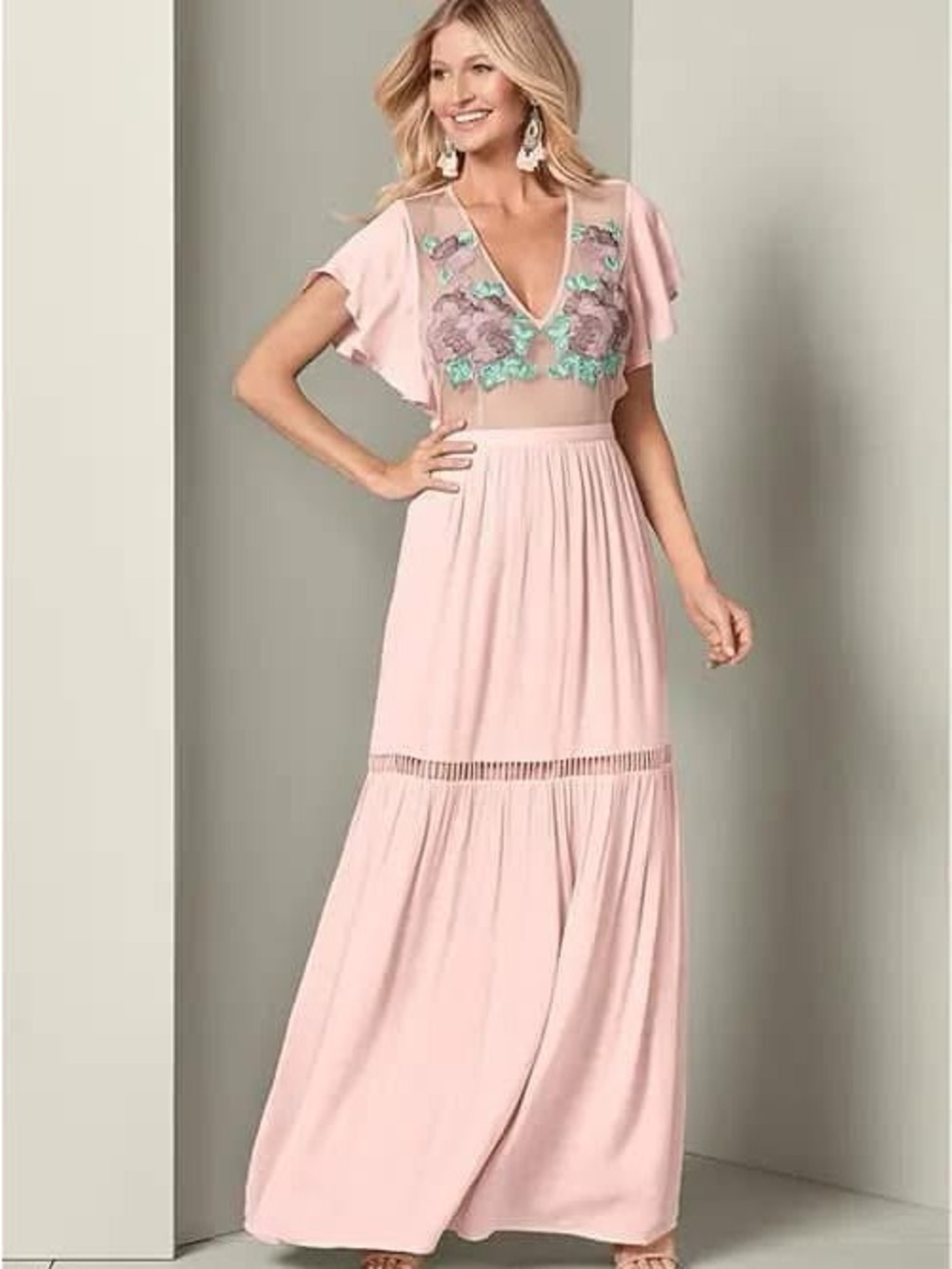 VENUS Light Pink Maxi Dress with Mint Floral Embroidery NWOT size 14
